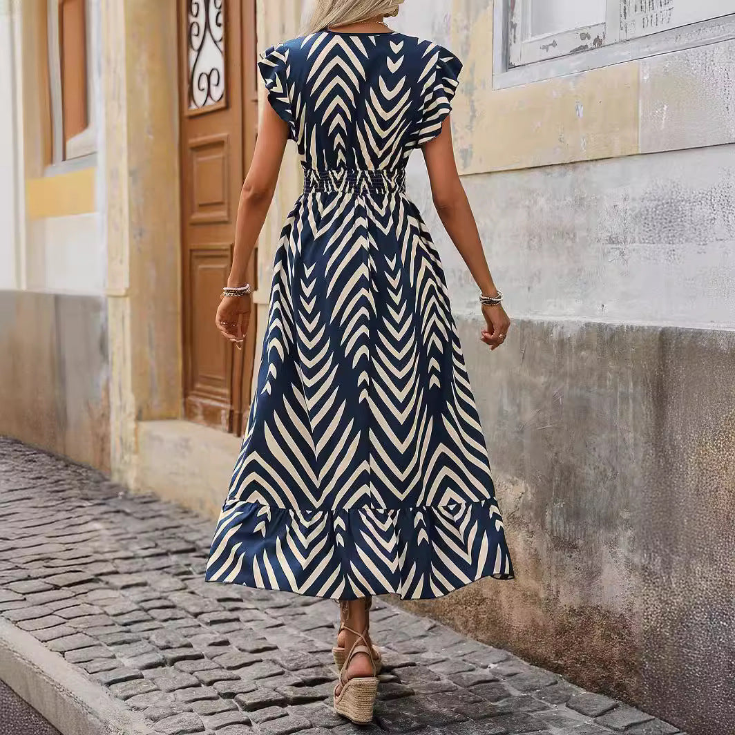 Elegant Printed Short-Sleeve Dress