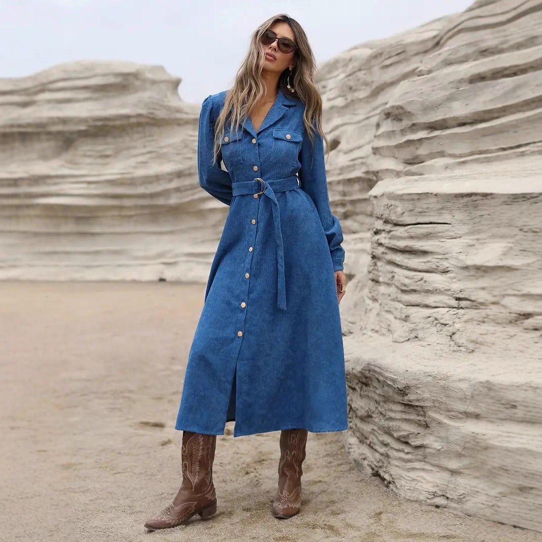 Elegant Utility-Style Corduroy Shirt Dress