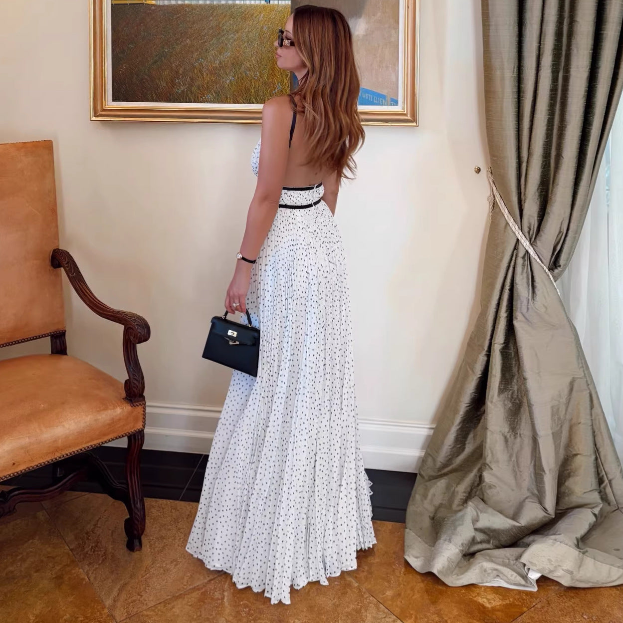 French-Style Polka Dot Pleated Spaghetti Strap Dress