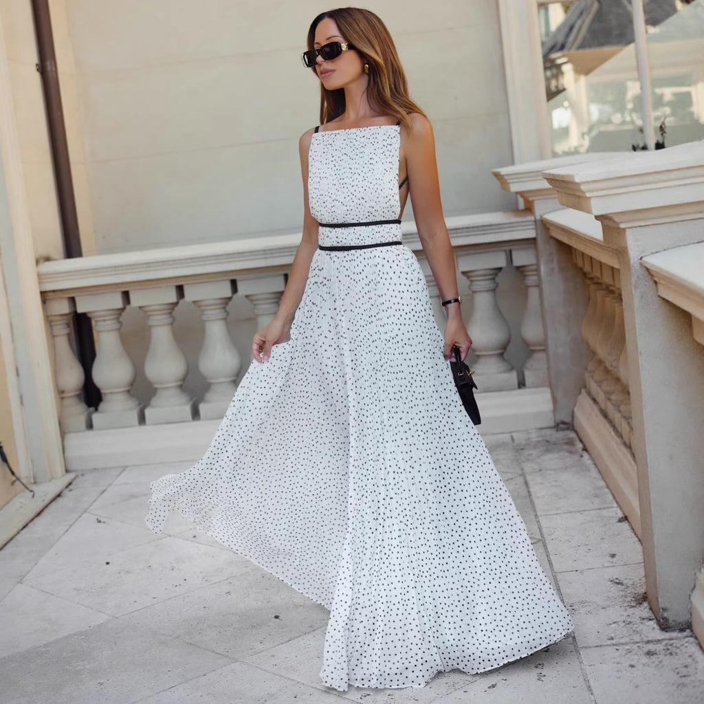 French-Style Polka Dot Pleated Spaghetti Strap Dress