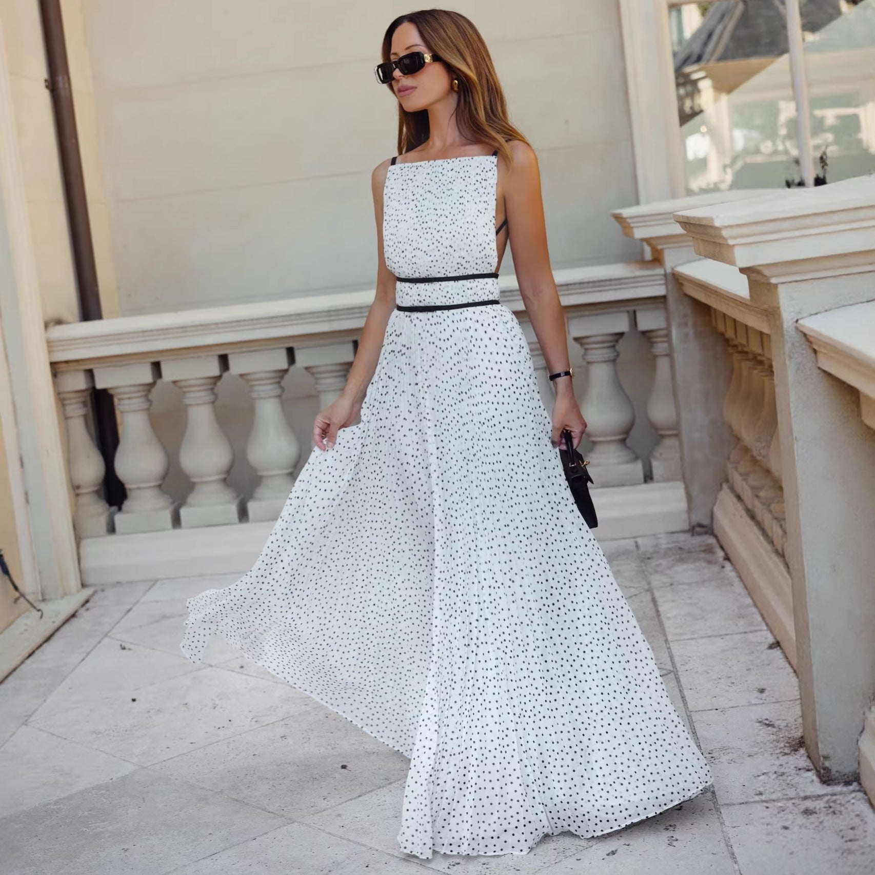 French-Style Polka Dot Pleated Spaghetti Strap Dress