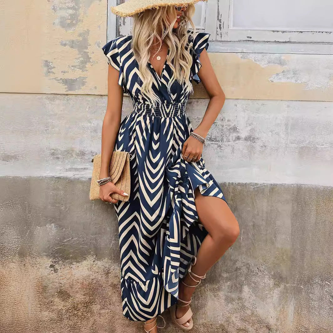 Elegant Printed Short-Sleeve Dress
