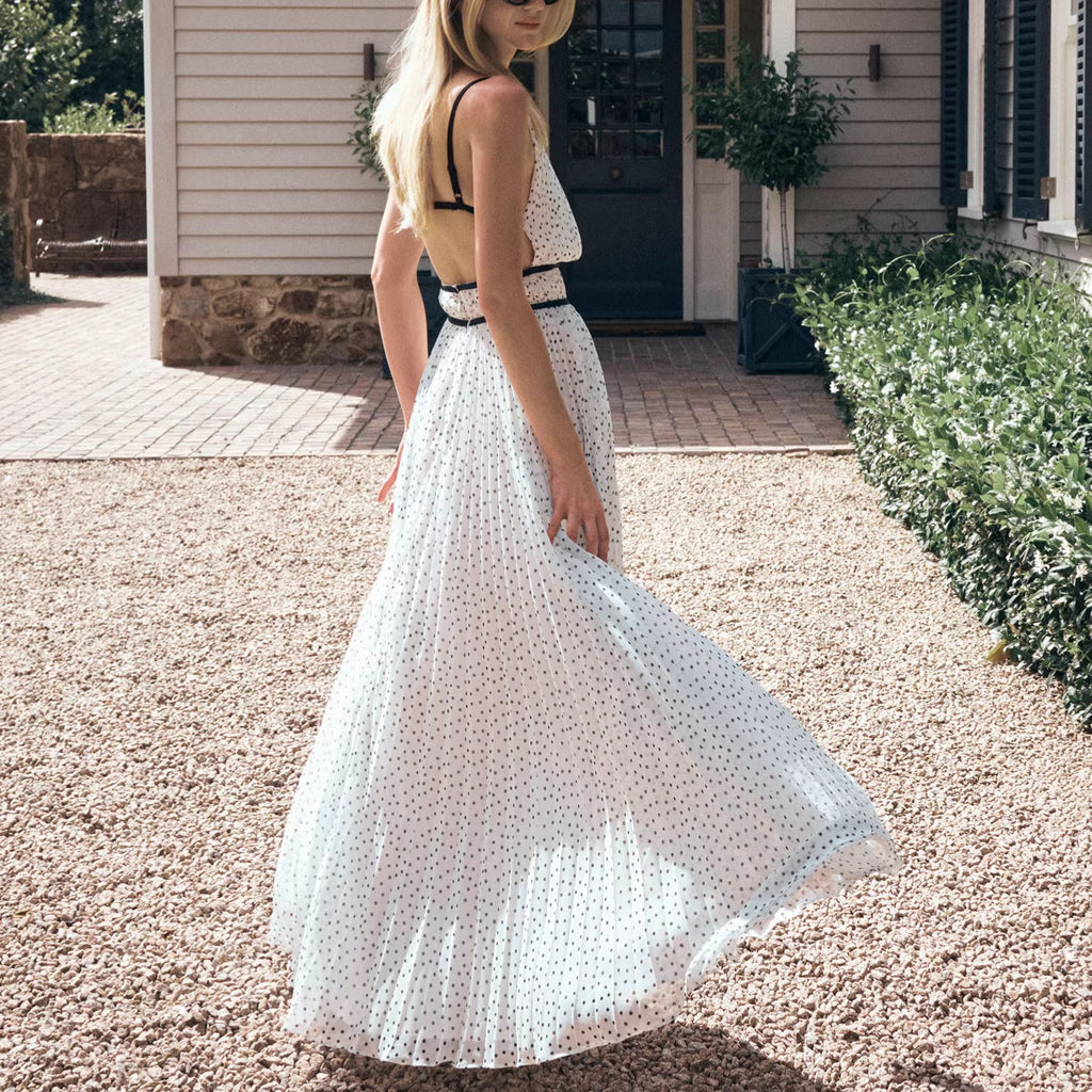 French-Style Polka Dot Pleated Spaghetti Strap Dress