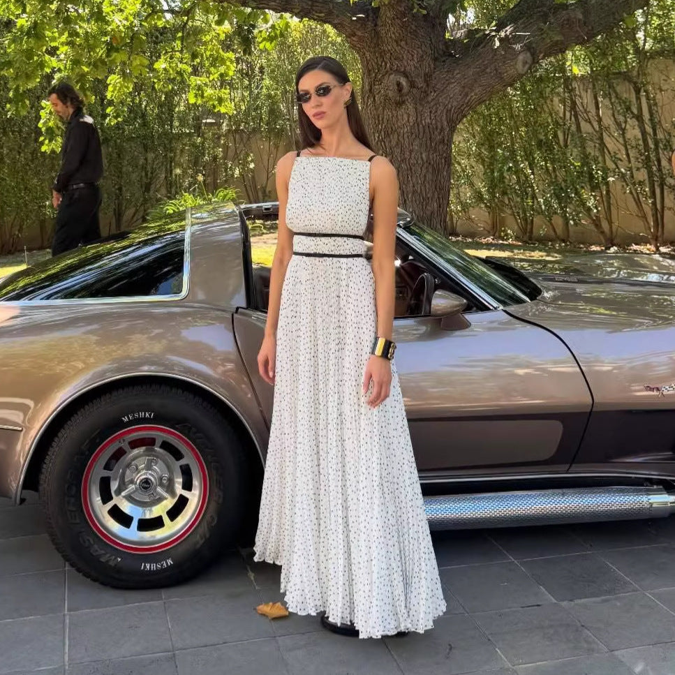 French-Style Polka Dot Pleated Spaghetti Strap Dress