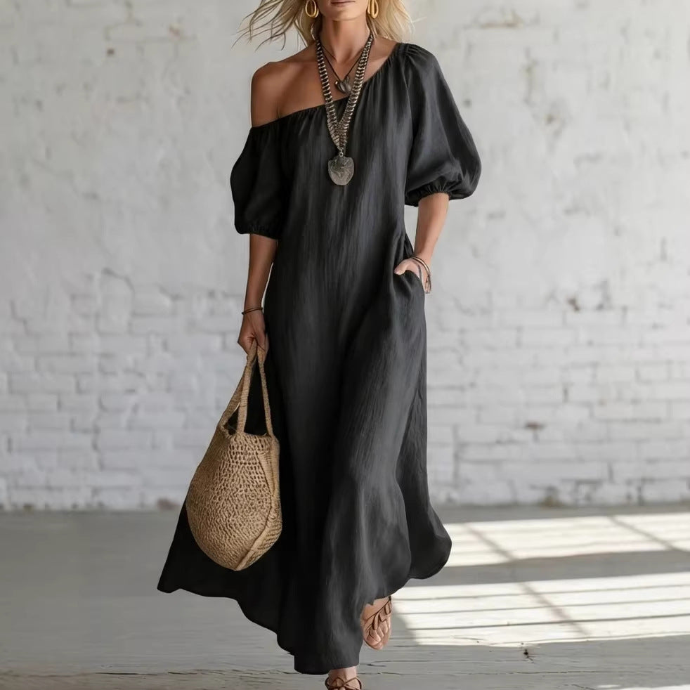 Solid Color Off-Shoulder Loose Vintage-Inspired Dress