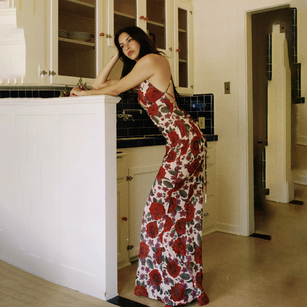 Sexy Printed Backless Slim Maxi Dress