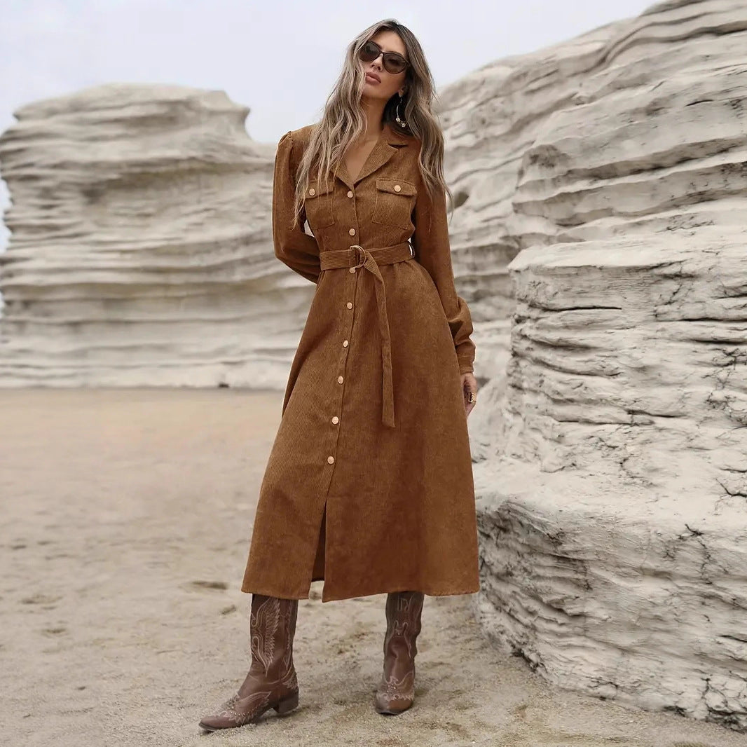 Elegant Utility-Style Corduroy Shirt Dress