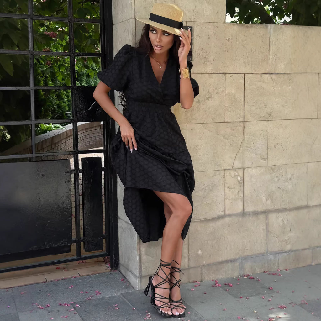 Hollow-Out Design French V-Neck Elegant Tea Dress
