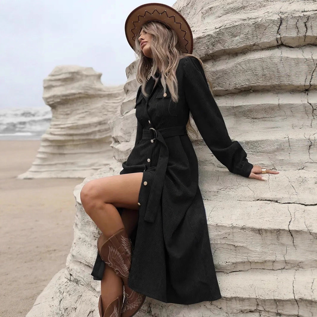 Elegant Utility-Style Corduroy Shirt Dress