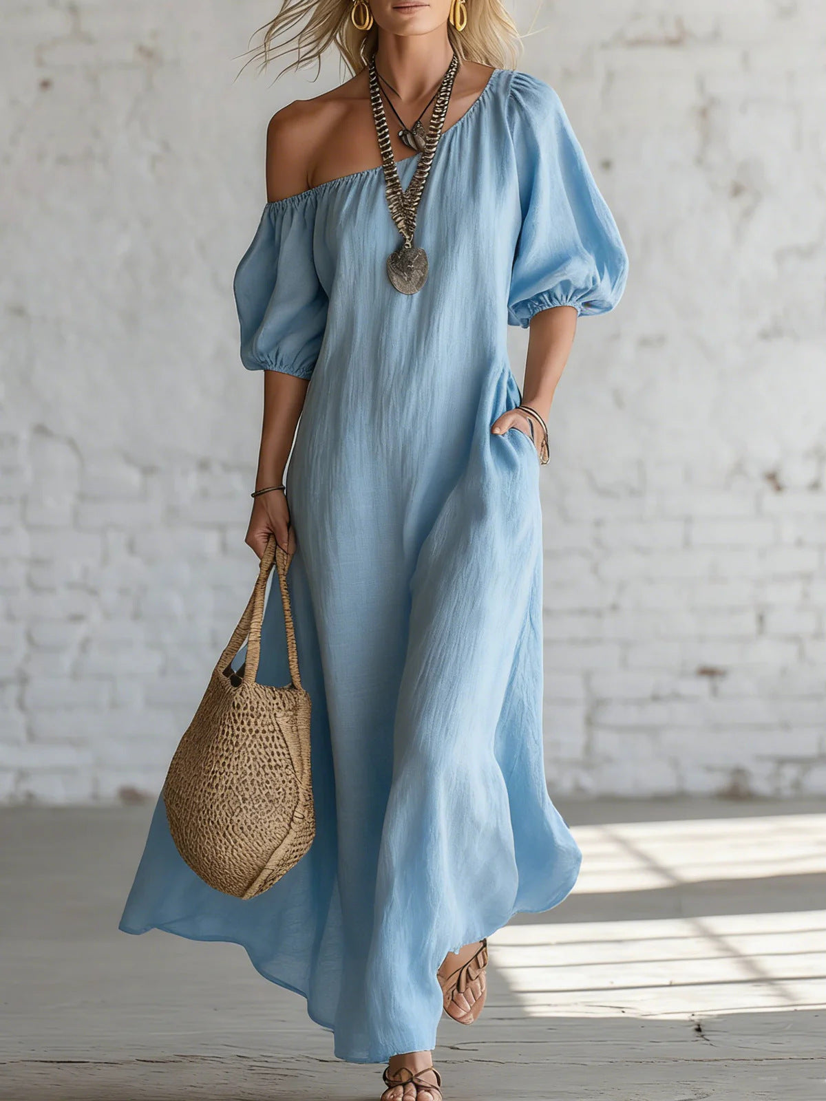 Solid Color Off-Shoulder Loose Vintage-Inspired Dress
