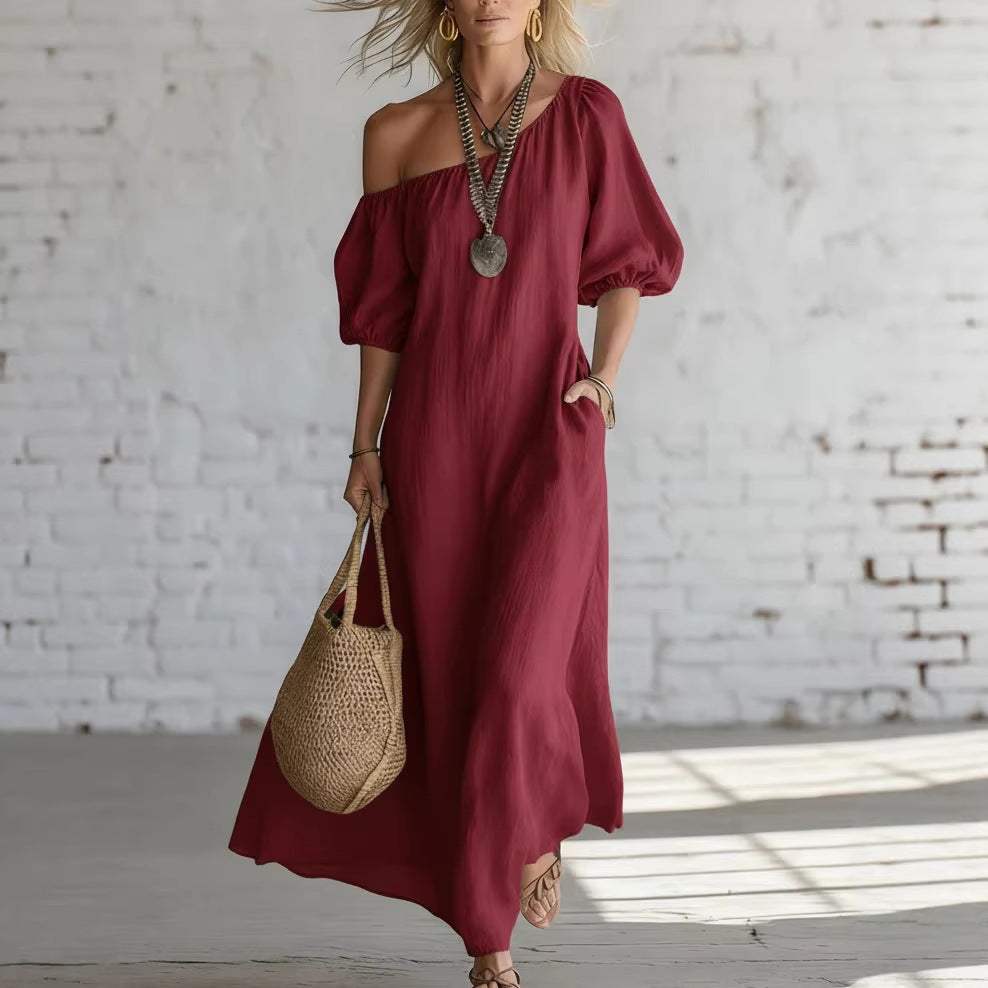 Solid Color Off-Shoulder Loose Vintage-Inspired Dress